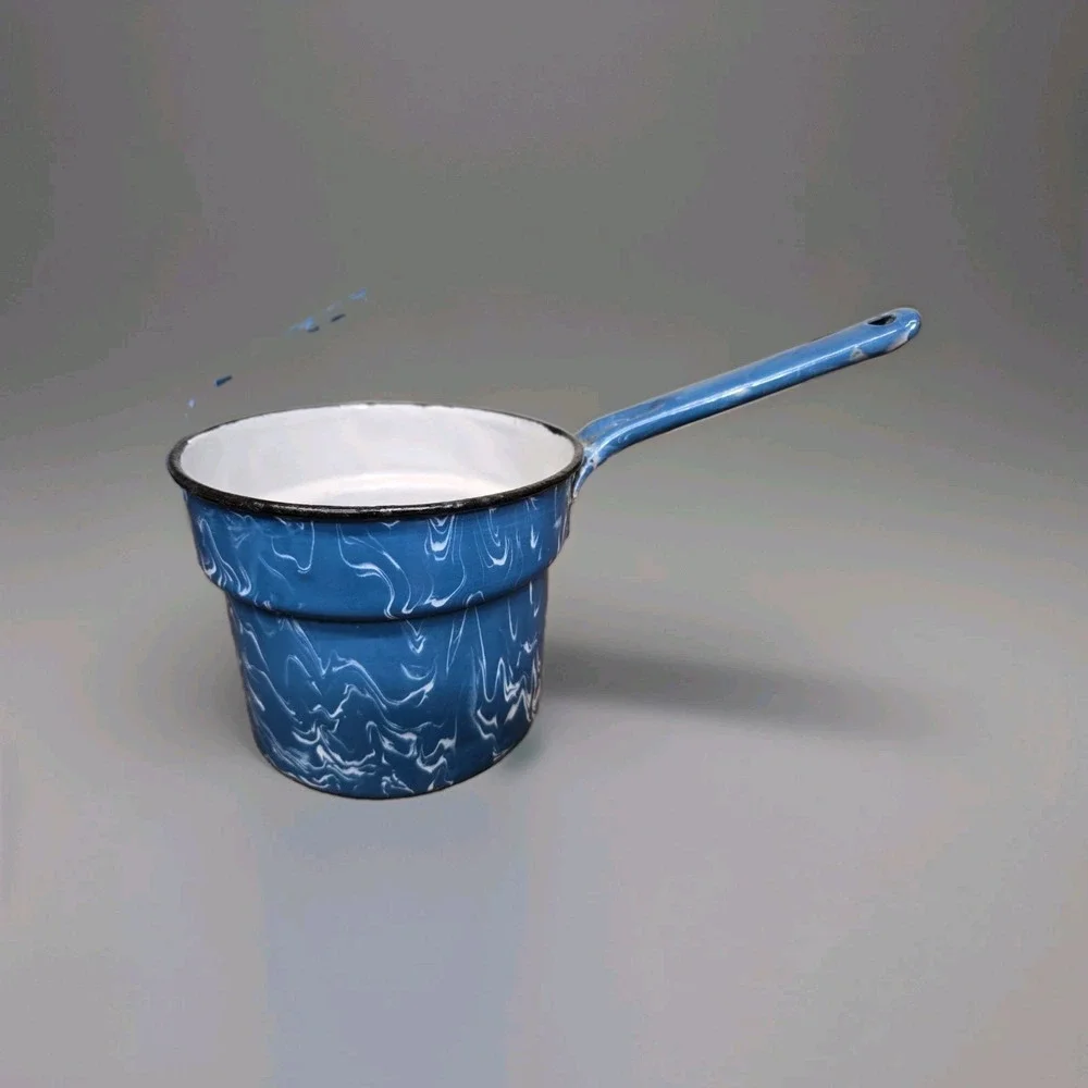 Vintage Blue White Swirl Graniteware Enamel Saucepan Nesting Pot Set of 2 +Spoon